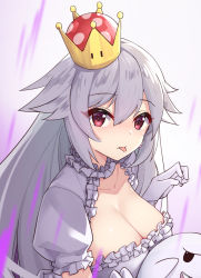 Rule 34 | 1girl, blush, boo (mario), breasts, cleavage, collarbone, crown, dress, earrings, frilled dress, frilled gloves, frills, ghost, gloves, hair between eyes, highres, jewelry, large breasts, long hair, looking at viewer, luigi&#039;s mansion, mario (series), new super mario bros. u deluxe, nintendo, princess king boo, puffy short sleeves, puffy sleeves, red eyes, short sleeves, silver hair, smile, super crown, tongue, tongue out, upper body, white dress, white gloves, zhayin-san