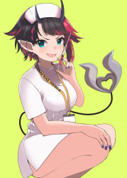 Rule 34 | 1girl, absurdres, alternate costume, black hair, blue eyes, blush, breasts, chain, commentary request, demon girl, demon horns, demon tail, dress, ear chain, ear piercing, feet out of frame, hat, highres, holding, holding syringe, horns, lanyard, large breasts, looking at viewer, multicolored hair, nail polish, nanashi inc., nurse, nurse cap, open mouth, piercing, pointy ears, purple nails, red hair, russian text, ryugasaki rene, short hair, short sleeves, simple background, smile, solo, squatting, sugar lyric, syringe, tail, two-tone hair, virtual youtuber, white dress, yellow background, zono (inokura syuzo029)