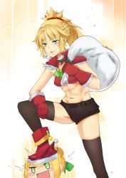 Rule 34 | 1girl, abs, absurdres, artoria pendragon (all), artoria pendragon (fate), breasts, cigar, fate/apocrypha, fate/grand order, fate (series), gift, green eyes, highres, md5 mismatch, mordred (fate), mordred (fate/apocrypha), ponytail, resolution mismatch, saber (fate), saber class (fate), self-upload, shorts, small breasts, smile, solo, source smaller, thighs