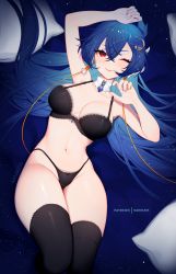 Rule 34 | 1girl, artist name, blue hair, bra, breasts, choker, cloud9, commentary, commission, dragon girl, dragon horns, english commentary, hair between eyes, highres, horns, large breasts, long hair, lying, nail polish, nanoless, navel, on back, one eye closed, panties, patreon username, pillow, red eyes, smile, solo, thighhighs, underwear, very long hair, vienna (vtuber), virtual youtuber, watermark