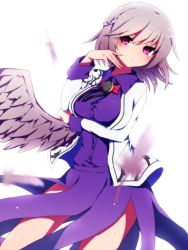 Rule 34 | 1girl, :/, bad id, bad twitter id, bloom, blush, bow, bowtie, breast hold, breasts, brooch, closed mouth, cowboy shot, dress, feathered wings, feathers, grey wings, half updo, jacket, jewelry, kishin sagume, large breasts, long sleeves, open clothes, open jacket, pink eyes, purple dress, red bow, red bowtie, short hair, silver hair, single wing, solo, touhou, white background, white jacket, wings, you (noanoamoemoe)