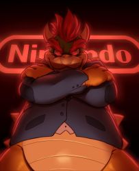 Rule 34 | 1boy, black background, bowser, commentary, crossed arms, doug bowser, english commentary, evil grin, evil smile, eyebrows, from below, glowing, glowing eyes, grin, highres, horns, jacket, logo, male focus, mario (series), name connection, neon lights, nintendo, no pants, red eyes, red hair, sharp teeth, simple background, smashega, smile, solo, spikes, suit jacket, teeth