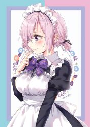 Rule 34 | 1girl, alternate costume, apron, arm at side, blush, bow, enmaided, fate/grand order, fate (series), glasses, hand up, juliet sleeves, long sleeves, maid, maid apron, maid headdress, mash kyrielight, nyanya, puffy sleeves, purple bow, purple eyes, purple hair, short hair, simple background, solo, standing, twitter username