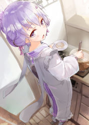 Rule 34 | 1girl, alternate hairstyle, apron, blurry, blush, cooking, daidou (demitasse), depth of field, from above, hair up, highres, holding, holding plate, indoors, japanese clothes, kappougi, kappougi yukari, kimono, looking at viewer, looking back, looking up, open mouth, perspective, plate, pot, purple eyes, purple hair, saucer, short hair, slippers, socks, solo, stove, vocaloid, voiceroid, yuzuki yukari