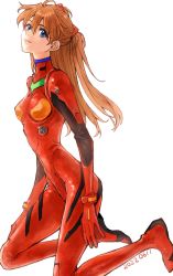 Rule 34 | 1girl, 2022, artist request, bodysuit, breasts, full body, highres, kneeling, lips, long hair, looking at viewer, neon genesis evangelion, pilot suit, plugsuit, red bodysuit, simple background, skin tight, smile, solo, souryuu asuka langley, two side up, very long hair, white background, wide hips