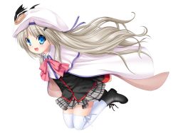 Rule 34 | 1girl, :d, black footwear, black jacket, blue eyes, cape, capelet, fang, floating hair, full body, grey skirt, hat, hat ribbon, highres, jacket, kud wafter, little busters!, long hair, long sleeves, miniskirt, na-ga, noumi kudryavka, official art, open mouth, plaid, plaid skirt, pleated skirt, purple ribbon, ribbon, school uniform, silver hair, simple background, skirt, smile, solo, thighhighs, very long hair, white background, white cape, white capelet, white thighhighs, zettai ryouiki