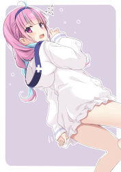 Rule 34 | 1girl, ahoge, alternate costume, arm behind back, bare legs, barefoot, blue hair, blue hairband, blunt bangs, blush, border, braid, commentary request, embarrassed, feet out of frame, french braid, frills, from behind, hairband, hand up, highres, hololive, hood, hoodie, kneeling, legs, long hair, minato aqua, minato aqua (sailor), multicolored hair, open mouth, pink eyes, pink hair, purple background, sasado serori, shiny skin, sleeves past wrists, solo, streaked hair, thighs, virtual youtuber, white border, white hoodie