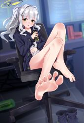 Rule 34 | 1girl, absurdres, barefoot, blue archive, blush, chair, feet, foot focus, green eyes, halo, hare (blue archive), highres, long hair, looking at viewer, office chair, parted lips, ponytail, shoes, unworn shoes, silver hair, sitting, soles, swivel chair, toes