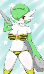 Rule 34 | 1girl, alternate costume, bare shoulders, bikini, blush, breasts, cleavage, closed mouth, club, club (weapon), collarbone, colored skin, cone horns, cosplay, creatures (company), detached sleeves, game freak, gardevoir, gen 3 pokemon, green hair, groin, hair over one eye, headband, highres, holding, horn ornament, horns, kanabou, large breasts, looking at viewer, lum, lum (cosplay), navel, nintendo, off shoulder, oni, pokemon, red eyes, smile, solo, standing, star (symbol), strapless, strapless bikini, swimsuit, thighhighs, thighs, tiger stripes, weapon, white skin