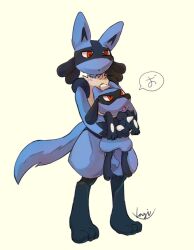 black_hair blue_fur carrying creatures_(company) evolutionary_line furry game_freak gen_4_pokemon lagimos6 legs lucario nintendo open_mouth pokemon pokemon_(creature) red_eyes riolu simple_background spikes standing tail