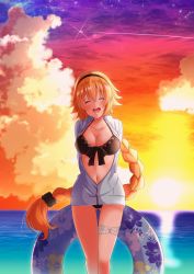 Rule 34 | 1girl, arms behind back, bikini, black bikini, black hairband, blonde hair, blurry, blurry background, blush, braid, breasts, cleavage, closed eyes, cloud, collarbone, fate/grand order, fate (series), floating hair, floral print, front-tie bikini top, front-tie top, fukemachi, gluteal fold, gradient sky, grey jacket, hair between eyes, hair ornament, hairband, head tilt, highres, innertube, jacket, jeanne d&#039;arc (fate), jeanne d&#039;arc (ruler) (fate), jeanne d&#039;arc (swimsuit archer) (fate), jeanne d&#039;arc (swimsuit archer) (first ascension) (fate), large breasts, long hair, navel, ocean, open clothes, open jacket, open mouth, outdoors, partially unzipped, print innertube, single braid, sky, smile, solo, standing, star (sky), starry sky, sun, sunset, swim ring, swimsuit, thigh gap, very long hair