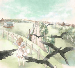 Rule 34 | 1girl, angel wings, animal, arm up, bad id, bad pixiv id, barefoot, bird, black bird, blue sky, brown hair, building, cloud, cloudy sky, crow, day, dress, facing away, feathered wings, fence, floating hair, flying, from above, from behind, grass, haibane renmei, halo, heel up, hill, hipo, house, kneepits, landscape, legs apart, medium dress, muted color, nature, open hand, outdoors, picket fence, power lines, rakka (haibane), red sailor collar, road, sailor collar, sailor dress, scenery, short hair, short sleeves, sidelighting, skirt hold, sky, solo, standing, stream, town, tree, utility pole, water, waving arm, white dress, white wings, wide shot, wind, wind turbine, windmill, wings, wooden fence