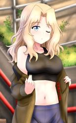 Rule 34 | 1girl, bare shoulders, blonde hair, blue eyes, blush, breasts, clothes pull, collarbone, girls und panzer, hair intakes, highres, jacket, jacket pull, kay (girls und panzer), large breasts, one eye closed, outdoors, redbaron, short shorts, shorts, solo, sports bra, tagme, tank top, undressing
