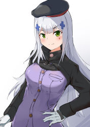 Rule 34 | 1girl, beret, blush, breasts, closed mouth, girls&#039; frontline, gloves, green eyes, hand on own hip, hat, highres, hk416 (girls&#039; frontline), long hair, looking at viewer, medium breasts, rosehip t72, silver hair, smile, solo, uniform, white background, white gloves