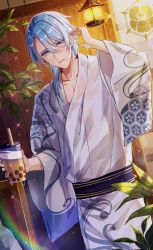 Rule 34 | 1boy, absurdres, asymmetrical hair, blue eyes, blue hair, breasts, bubble tea, cup, dutch angle, genshin impact, goroo (eneosu), highres, holding, holding cup, indoors, japanese clothes, kamisato ayato, kimono, light blue hair, looking at viewer, mole, mole on breast, obi, parted bangs, parted lips, sash, solo, wide sleeves