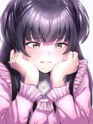 Rule 34 | absurdres, black hair, blush, clenched hand, close-up, frills, hands on own cheeks, hands on own face, highres, idolmaster, idolmaster shiny colors, kaede (harutan109), mayuzumi fuyuko, pink shirt, shirt, sweat, twintails