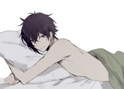 Rule 34 | 1boy, brown eyes, closed mouth, completely nude, covering with blanket, dance with devils, looking at viewer, lying, male focus, natsumezaka shiki, nude, hugging object, on stomach, pillow, pillow hug, purple hair, qi7pi, short hair, smile, solo, under covers, white background