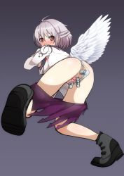 Rule 34 | 1girl, anal, anal object insertion, angel wings, breasts, female focus, highres, kishin sagume, looking at viewer, object insertion, pussy, red eyes, shigure1213, silver hair, simple background, single wing, solo, spread legs, touhou, triple penetration, uncensored, urethral insertion, wings