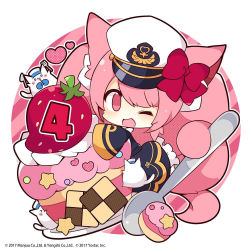 Rule 34 | &gt; &lt;, 1girl, 2017, ;d, animal, animal ear fluff, animal ears, azur lane, black jacket, black skirt, bow, cat, cat ears, cat girl, cat tail, checkerboard cookie, chibi, closed eyes, commentary request, cookie, copyright notice, diagonal stripes, food, frilled skirt, frills, fruit, hat, heart, jacket, long sleeves, looking at viewer, meowfficer (azur lane), military, military hat, military uniform, muuran, official art, one eye closed, open mouth, peaked cap, pink eyes, pink hair, pound (azur lane), red bow, sailor hat, skirt, sleeves past fingers, sleeves past wrists, smile, solo, spoon, strawberry, striped, striped background, tail, uniform, white background, white hat