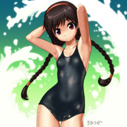 Rule 34 | 1girl, armpits, arms behind head, black one-piece swimsuit, black school swimsuit, braid, breasts, brown hair, collarbone, covered erect nipples, covered navel, cowboy shot, female focus, hair ornament, hair tubes, hairband, head tilt, looking at viewer, one-piece swimsuit, original, red eyes, red hairband, rohitsuka, school swimsuit, signature, skindentation, small breasts, smile, solo, standing, swimsuit, twin braids, twintails, wet