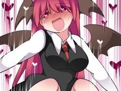 Rule 34 | 1girl, bad id, bad twitter id, bat wings, black vest, blush, breasts, hammer (sunset beach), head wings, heart, heart-shaped pupils, implied sex, koakuma, long hair, medium breasts, necktie, open mouth, red eyes, red hair, red necktie, shirt, speed lines, sweat, symbol-shaped pupils, touhou, very long hair, vest, white shirt, wings