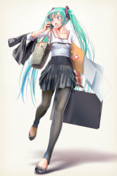 Rule 34 | 1girl, bag, beige background, black footwear, black leggings, blush, bow, briefcase, casual, flats, footwear bow, full body, green hair, grey hair, hair ornament, hatsune miku, holding, holding clothes, leggings, legs, long hair, long sleeves, multicolored eyes, name tag, no socks, open mouth, shirt, shoes, simple background, skirt, solo, talking on phone, twintails, very long hair, vocaloid, white shirt, wokada
