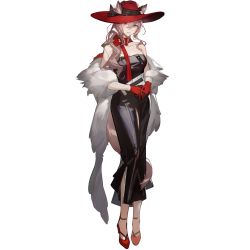 Rule 34 | 1girl, animal ears, arknights, bare shoulders, black dress, blue eyes, breasts, brown hair, cat ears, choker, collarbone, dress, ears through headwear, feather boa, full body, gloves, grin, hair between eyes, heidi (arknights), high heels, kumatangent, long hair, looking at viewer, medium breasts, official art, own hands together, parted lips, red choker, red footwear, red gloves, red headwear, smile, solo, standing, strapless, strapless dress, transparent background