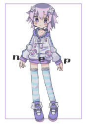 Rule 34 | 1girl, arms at sides, blush, character name, closed mouth, d-pad, d-pad hair ornament, drawstring, enorari, frown, full body, hair between eyes, hair ornament, highres, hood, hood down, hooded jacket, jacket, jewelry, legs apart, light purple hair, long sleeves, neck ring, neptune (neptunia), neptune (series), purple eyes, purple footwear, short hair, solo, standing, striped clothes, striped thighhighs, thighhighs, white jacket, zettai ryouiki