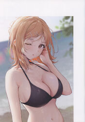 Rule 34 | 1girl, absurdres, ame (uten cancel), bare arms, bare shoulders, bikini, bikini top only, blurry, blurry background, breasts, brown eyes, cleavage, day, hair ornament, hairclip, hand up, highres, idolmaster, idolmaster shiny colors, large breasts, light brown hair, looking at viewer, medium hair, navel, ocean, one eye closed, outdoors, sakuragi mano, scan, shiny skin, simple background, solo, stomach, swimsuit, upper body, water, water drop, wet