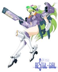 Rule 34 | 1girl, artist request, character name, cosplay, eyewear on head, floating hair, green hair, gun, holding, holding gun, holding weapon, korean commentary, looking down, mecha musume, mia lilienthal, newtype, official art, purple hair, restol machine 4, restol machine 4 (cosplay), restol special rescue squad, solo, third-party source, visor, weapon, white background
