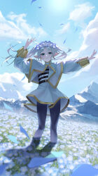 Rule 34 | 1girl, absurdres, arms up, belt, black belt, black pantyhose, black shirt, blue eyes, blue flower, blue petals, closed mouth, cloud, commentary request, day, earrings, elf, field, flower, flower field, frieren, gold trim, head wreath, highres, jacket, jewelry, long hair, long sleeves, looking at viewer, mountain, nemophila (flower), outdoors, pantyhose, petals, pointy ears, ryo e, shirt, sidelocks, skirt, sky, solo, sousou no frieren, standing, striped clothes, striped shirt, twintails, white hair, white jacket, white shirt, white skirt