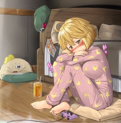 Rule 34 | 1girl, absurdres, ahoge, barefoot, bed, blonde hair, blush, breasts, brown eyes, character request, controller, crossed ankles, crossed arms, cushion, drink, dualshock, feet, game console, game controller, gamepad, glass, hat, highres, junk gaming maiden, kitsunerider, large breasts, long sleeves, mole, mole under eye, multicolored clothes, on floor, pajamas, pants, pillow, playstation 3, playstation controller, print pajamas, short hair, sitting, skin tight, soles, solo, tight clothes, toes, wooden floor, xbox 360