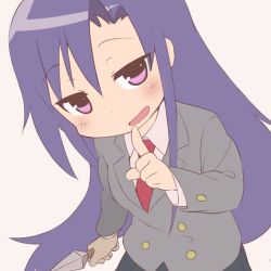 Rule 34 | 1girl, bad id, bad pixiv id, blue hair, blush, finger to mouth, goshiki agiri, holding, holding weapon, index finger raised, kill me baby, kunai, long hair, long sleeves, looking at viewer, necktie, okayparium, open mouth, purple eyes, red necktie, school uniform, smile, solo, weapon