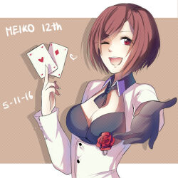 Rule 34 | 1girl, ascot, black ascot, black gloves, breasts, brown hair, card, cleavage, cleavage cutout, clothing cutout, commentary, dated, english commentary, flower, gloves, heart, holding, holding card, medium breasts, meiko (vocaloid), one eye closed, open mouth, playing card, reaching, reaching towards viewer, red eyes, red flower, red rose, rose, single glove, smile, solo, vocaloid, yen-mi