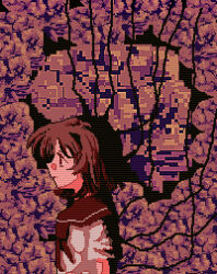 Rule 34 | 1girl, abstract background, brown background, brown eyes, brown hair, brown neckerchief, brown sailor collar, cable, chinese commentary, collared shirt, commentary, commentary request, english commentary, expressionless, from side, looking ahead, mixed-language commentary, neckerchief, original, parted lips, pixel art, pointy nose, sailor collar, sailor shirt, shirt, short hair, short sleeves, solo, upper body, white shirt, white sleeves, xing yanyanyanyan
