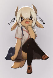 Rule 34 | 1girl, animal ears, arm at side, bag, black eyes, black thighhighs, brown footwear, brown horns, brown skirt, collared shirt, crossed legs, fang, female focus, flat chest, full body, furry, furry female, goat ears, goat girl, goat horns, goat tail, grey background, hand to own mouth, hand up, happy, heart, horizontal pupils, horns, invisible chair, korean text, looking at viewer, miniskirt, open mouth, original, pleated skirt, raised eyebrows, school bag, school uniform, shirt, shoes, short hair, short sleeves, shoulder bag, sidelocks, simple background, sitting, skirt, smile, smug, solo, spoken heart, talking, thighhighs, translation request, uyu (soda uyu), white hair, white shirt