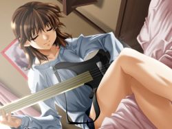 Rule 34 | bass guitar, bed, brown hair, closed eyes, guitar, instrument, sitting, solo