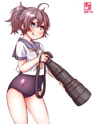 Rule 34 | 1girl, :d, ahoge, alternate costume, aoba (kancolle), artist logo, blue eyes, blue one-piece swimsuit, blue sailor collar, blush, breasts, camera, camera lens, covered navel, cowboy shot, dated, hair between eyes, highres, holding, holding camera, kanon (kurogane knights), kantai collection, messy hair, neckerchief, old school swimsuit, one-piece swimsuit, open mouth, ponytail, purple hair, sailor collar, school swimsuit, short hair, short ponytail, short sleeves, signature, simple background, single-lens reflex camera, small breasts, smile, solo, swimsuit, swimsuit under clothes, white background, yellow neckerchief