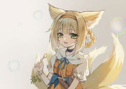 Rule 34 | 1girl, :d, alternate costume, animal ears, arknights, black collar, blonde hair, blue ribbon, braid, bubble, bubble wand, collar, dress, fox ears, fox girl, fox tail, gogatsu fukuin, gradient background, green eyes, grey background, hairband, hand up, kitsune, looking at viewer, multicolored hair, multiple tails, neck ribbon, open mouth, orange dress, orange hairband, pouch, puffy short sleeves, puffy sleeves, ribbon, short hair, short sleeves, simple background, smile, solo, streaked hair, suzuran (arknights), suzuran (let&#039;s carnival!) (arknights), tail, upper body, watch, white hair, wristwatch