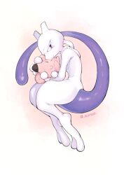 Rule 34 | character doll, clefairy, creatures (company), fetal position, full body, game freak, gen 1 pokemon, glowing, hug, legendary pokemon, looking at viewer, mewtwo, nintendo, no humans, octotaco, pokemon, pokemon (creature), purple eyes, simple background, solo, stuffed toy, tail, twitter username, white background