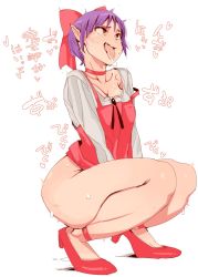 Rule 34 | 1girl, bow, breasts, choker, cleavage, collarbone, dress, fang, full body, gegege no kitarou, hair bow, high heels, highres, implied masturbation, long sleeves, nekomusume, pointy ears, purple hair, red bow, squatting, strap slip, sweat, text focus, tongue, tongue out, torigoshi crow, translation request