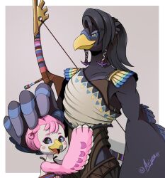 Rule 34 | 1boy, 1girl, arijuno, arm at side, arm up, artist name, beak, bird boy, bird girl, black eyes, black fur, black hair, blue fur, blue sclera, blush stickers, body fur, border, bow (weapon), child, closed mouth, collarbone, colored sclera, father and daughter, furry, furry female, furry male, green eyes, grey background, hair ornament, hair rings, hair tie, hair tubes, hand on another&#039;s head, happy, harth (zelda), hug, looking at viewer, molli (zelda), nintendo, open mouth, outside border, pink fur, pink hair, rito, shirt, short hair, shoulder pads, signature, simple background, smile, standing, swept bangs, the legend of zelda, the legend of zelda: breath of the wild, two-tone fur, upper body, weapon, weapon on back, white border, white fur, white shirt, winged arms, wings