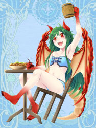 Rule 34 | 1girl, :d, arm up, armpits, beer mug, bikini, black claws, blue bikini, chair tipping, claws, colored extremities, colored skin, cup, dairoku ryouhei, dragon tail, dragon wings, flat chest, food, gradient skin, green hair, highres, horns, long hair, mitsuki chigusa, mug, navel, open mouth, orange eyes, red eyes, red horns, red skin, sitting, smile, solo, swimsuit, table, tail, very long hair, wings