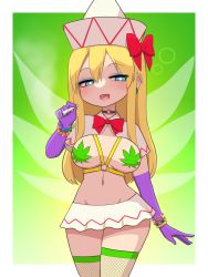 Rule 34 | 1girl, :d, blonde hair, bloodshot eyes, blue eyes, blush, bow, bracelet, breasts, elbow gloves, fairy wings, fishnet thighhighs, fishnets, gloves, gradient background, green background, half-closed eyes, hat, highres, jewelry, joint (drug), large breasts, lily white, long hair, looking at viewer, marijuana, cannabis print, navel, open mouth, red bow, simple background, smile, solo, thighhighs, touhou, wings, zakku (kya--193)