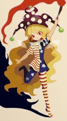 Rule 34 | 1girl, absurdres, american flag dress, american flag legwear, arm up, blonde hair, blush, bright pupils, clownpiece, comkdom, commentary request, dress, eyeshadow, fairy wings, full body, hat, highres, holding, holding torch, jester cap, long hair, looking at viewer, makeup, neck ruff, open mouth, pantyhose, polka dot, polka dot background, purple hat, red eyes, red eyeshadow, shadow, short sleeves, simple background, smile, solo, standing, standing on one leg, star (symbol), star print, striped clothes, striped dress, striped pantyhose, torch, touhou, white background, wings