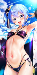 Rule 34 | 1girl, armpits, beret, bikini, blue eyes, blue hair, breasts, cleavage, collarbone, crown hair ornament, earrings, hair ribbon, hat, highres, hololive, hoshimachi suisei, jewelry, legs, long hair, looking at viewer, mizuno kurage, multi-strapped bikini bottom, narrow waist, navel, necklace, ocean, open mouth, ribbon, side ponytail, small breasts, smile, solo, summer, swimsuit, thighs, virtual youtuber