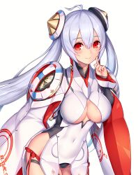 Rule 34 | 1girl, ahoge, breasts, covered navel, hand up, highres, index finger raised, leotard, long hair, looking at viewer, matoi (pso2), medium breasts, official art, red eyes, smile, solo, tagme, twintails, underboob, white hair, white leotard