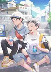 Rule 34 | 2boys, akaashi keiji, antweiyi, artist name, backpack, bag, baseball cap, black hair, black pants, blue eyes, blue pants, bokuto koutarou, bottle, can, closed eyes, closed mouth, cloud, day, drink can, gradient hair, haikyuu!!, hat, holding, holding bottle, holding can, hood, hood down, hoodie, male focus, multicolored hair, multiple boys, on floor, open mouth, outdoors, pants, pants rolled up, school bag, shirt, shoes, short hair, sitting, sky, smile, soda can, teeth, two-tone hair, watch, white hair, white shirt, wristband, wristwatch
