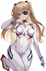Rule 34 | 1girl, arms up, artist request, blue eyes, breasts, brown hair, curvy, evangelion: 3.0+1.0 thrice upon a time, eyepatch, hair between eyes, hand in own hair, lips, long hair, looking at viewer, neon genesis evangelion, one eye covered, plugsuit, rebuild of evangelion, simple background, skin tight, solo, souryuu asuka langley, twintails, upper body, white background