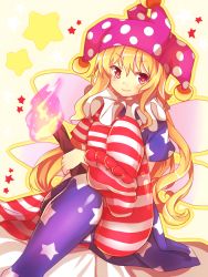 Rule 34 | 1girl, american flag dress, american flag legwear, blonde hair, blush, clownpiece, dutch angle, fairy wings, feet, hat, jester cap, leg up, long hair, looking at viewer, matryoshka (borscht), no shoes, pantyhose, print pantyhose, purple eyes, short sleeves, sitting, smile, solo, star-shaped pupils, star (symbol), striped clothes, striped pantyhose, symbol-shaped pupils, toes, touhou, wings